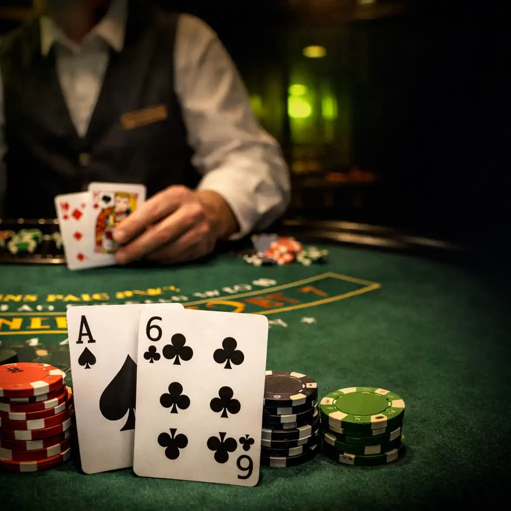 Stół do blackjacka w kasynie na statku z kartami, żetonami i ręką krupiera