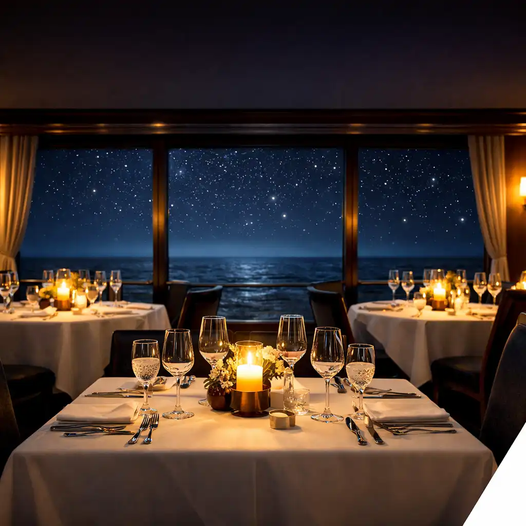 Elegancka restauracja na statku wycieczkowym wieczorem z nakrytymi stołami i widokiem na morze