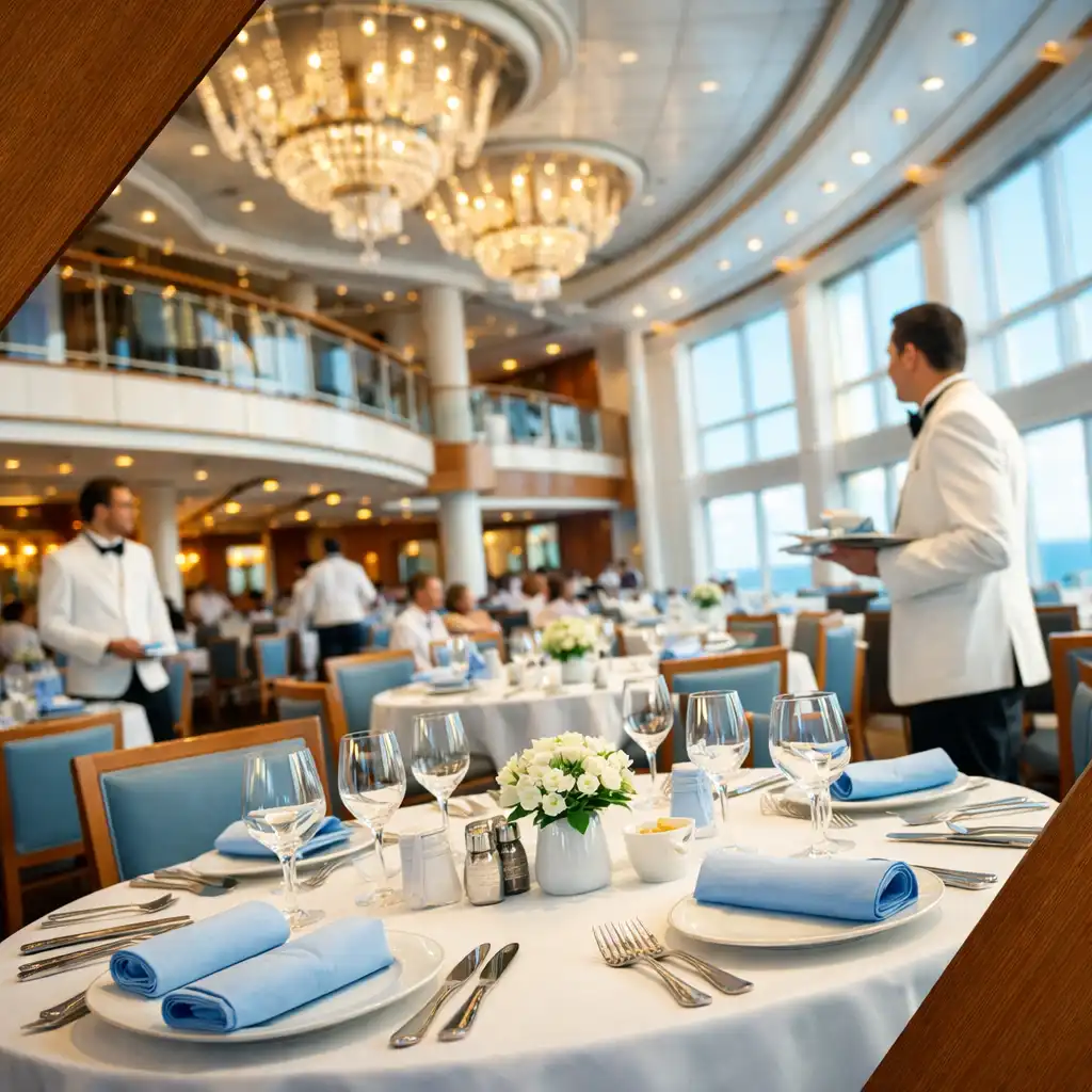 Przestronne wnętrze głównej restauracji na statku w ciągu dnia z kelnerami i nakrytymi stołami
