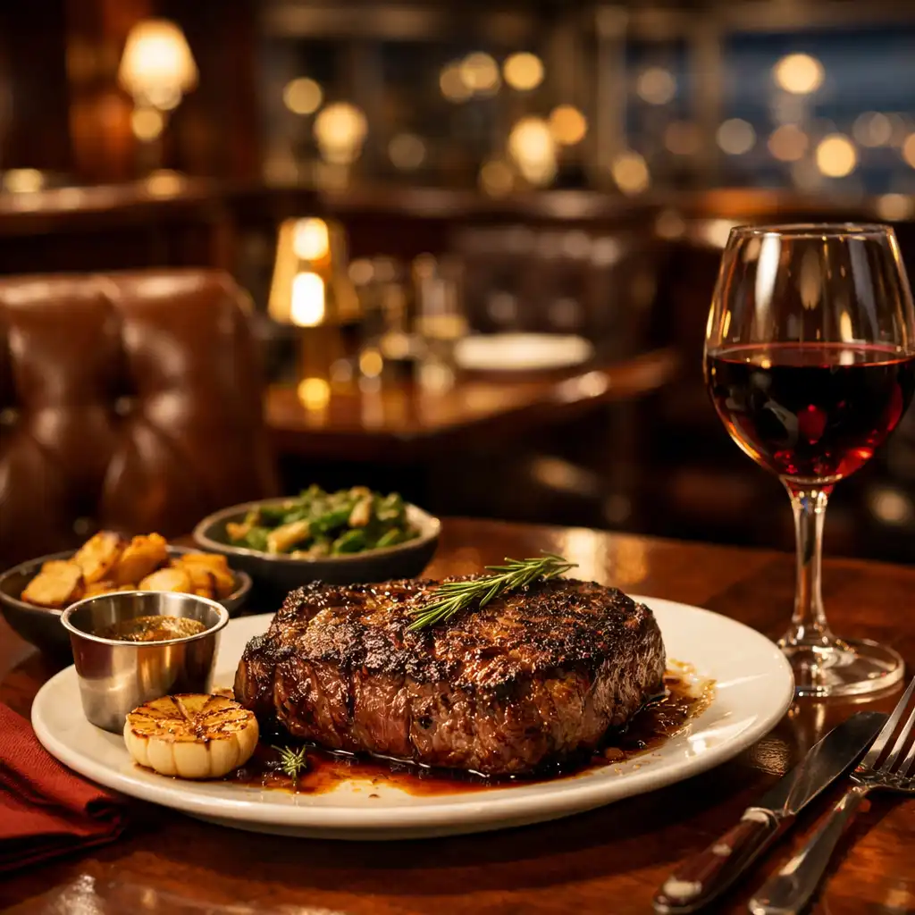Steakhouse na statku z ciemnym drewnem, skórzanymi fotelami i soczystym stekiem na stole