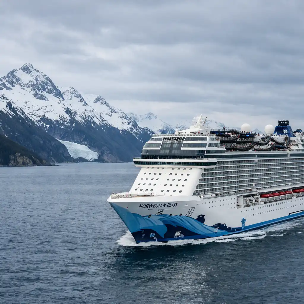 Norwegian Bliss płynący wzdłuż wybrzeża Alaski z ośnieżonymi górami w tle