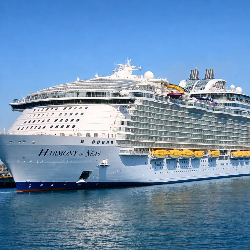 Harmony of the Seas w porcie, widok z boku ukazujący ogrom statku