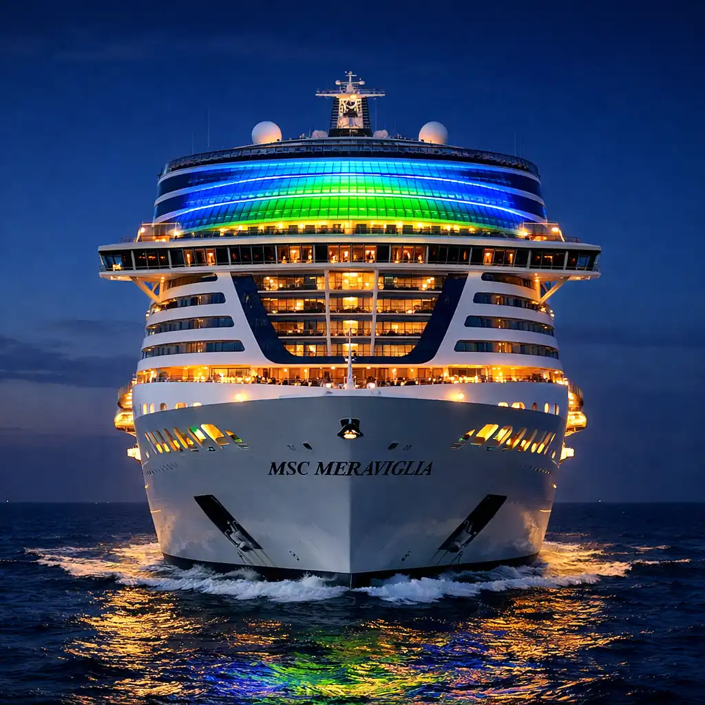 MSC Meraviglia na morzu, widok z przodu z elegancką promenadą i kopułą LED